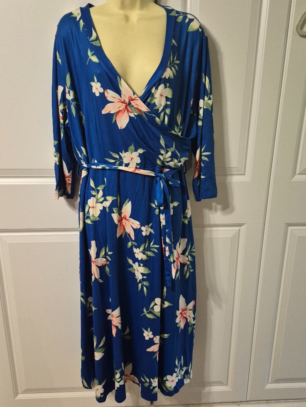 Blue Floral Faux-Wrap Midi Dress 3/4 Sleeve V-Neck Stretchy Casual Plus X Large